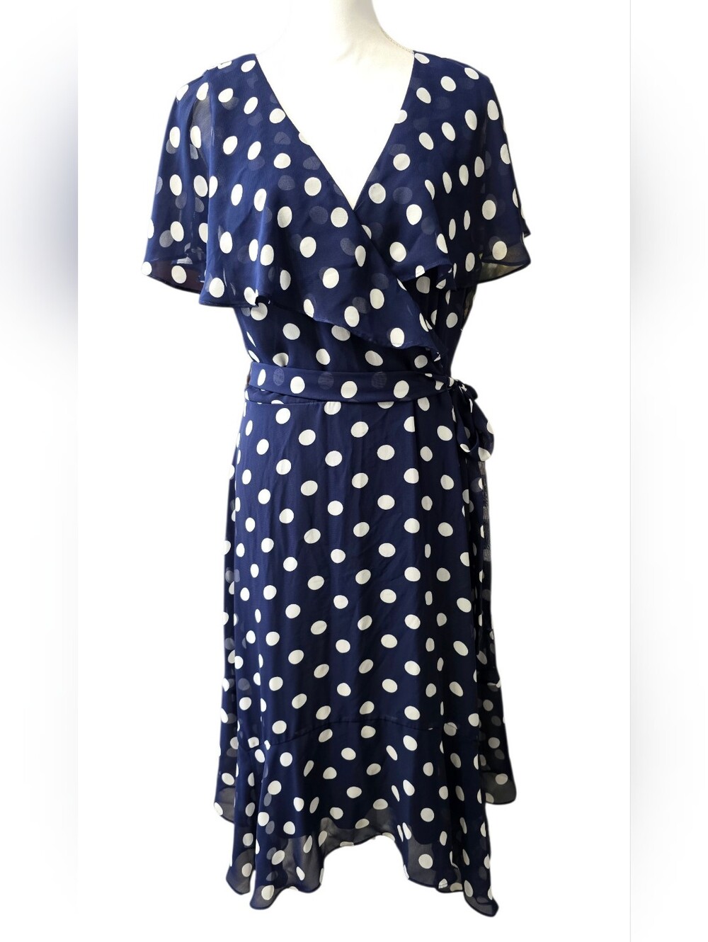 Jessica Howard Polka Dot Wrap Midi Dress Blue & White Size 16 Like New
